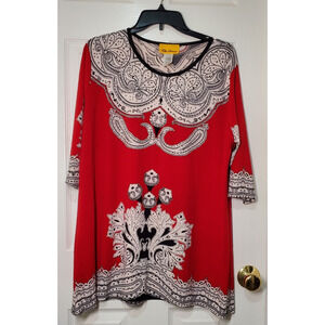 Ella Samani Women’s Tunic Top 2XL Red Paisley 3/4 Sleeve Stretch Blouse
